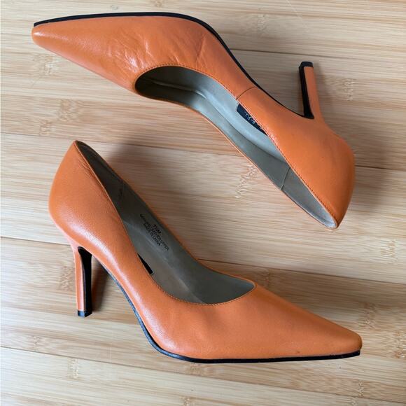 CF BY FALCHI CARLOS FALCHI ORANGE LEATHER PUMPS POINTED TOE HEELS SIZE 7.5 - Picture 1 of 9
